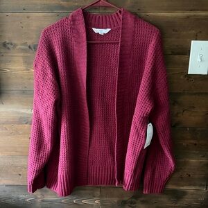 Time and Tru Burgundy Open-Front Waffle Knit Cardigan